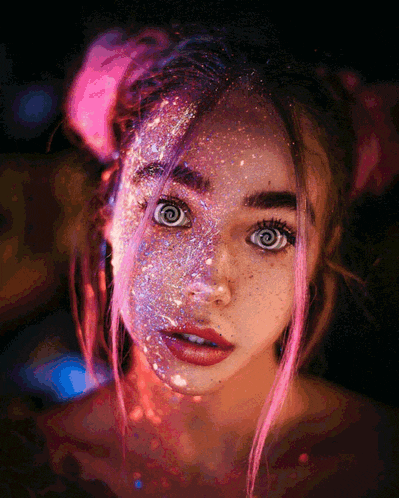 a woman with pink hair has a spiral in her eye