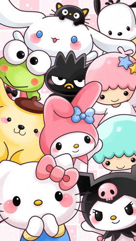 a group of cartoon characters including hello kitty pompompurin and kuromi