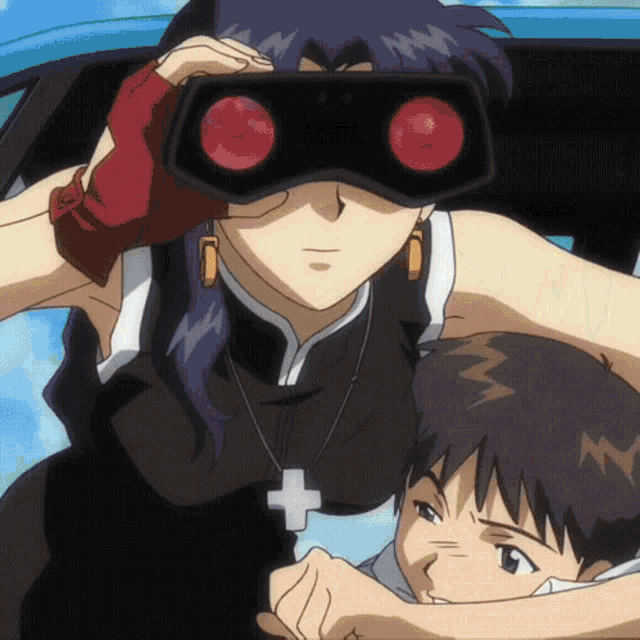a woman wearing a pair of goggles with red lenses looks over a boy 's shoulder