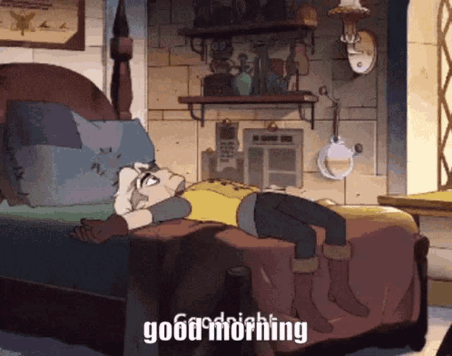 a cartoon of a man laying on a bed with the words good morning written below him