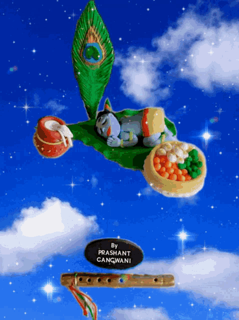 a picture of a sleeping krishna with a peacock feather and a basket of fruit