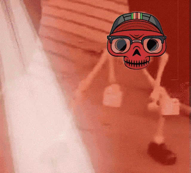 a cartoon drawing of a skull wearing glasses and a baseball cap