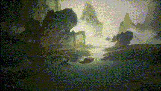 a painting of a landscape with mountains and trees