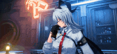 a girl with long white hair is drinking from a glass