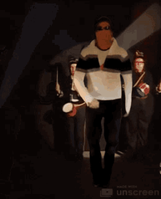 a group of people are playing drums and one of them is wearing a mask and sunglasses