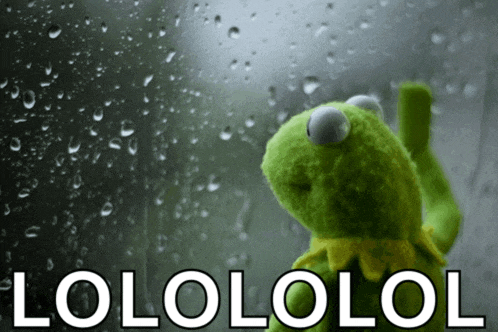 kermit the frog looking out a window with the words lolololol