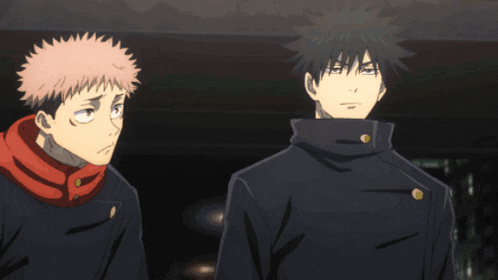 two anime characters are standing next to each other with one making a funny face