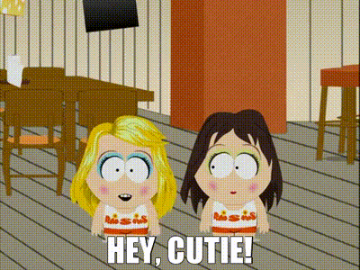 two cartoon girls are standing next to each other on a wooden floor and saying hey cutie .