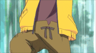 a person wearing a yellow jacket and brown pants with a bow on the side