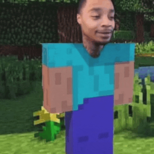 a man in a blue shirt and blue pants is standing in a field in a minecraft video game .