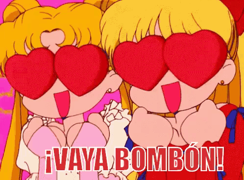 two girls wearing heart shaped glasses with the words " vaya bombon " written below them