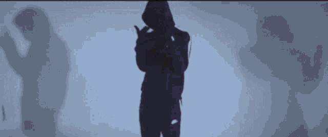 a silhouette of a person in a hooded jacket holding a gun