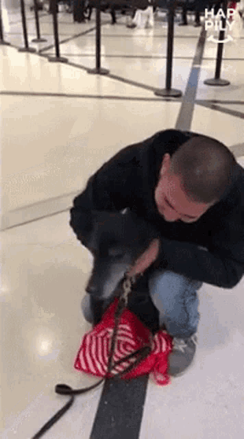 a man kneeling down next to a dog on a leash