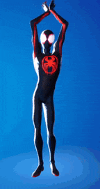 a man in a black suit with a red spider on his chest is standing on a blue background .