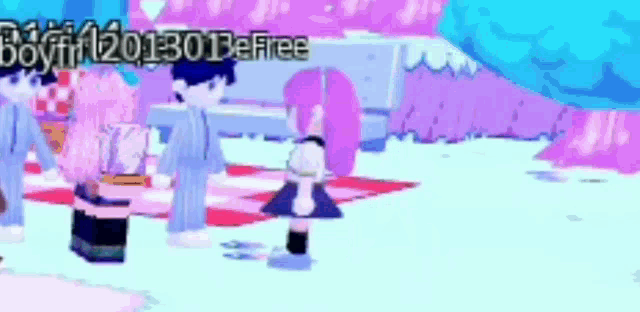 a girl in a pink dress is standing next to a boy in a blue jacket in a video game .