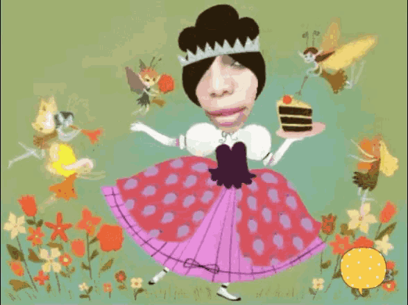 a cartoon illustration of a woman in a polka dot dress holding a piece of cake