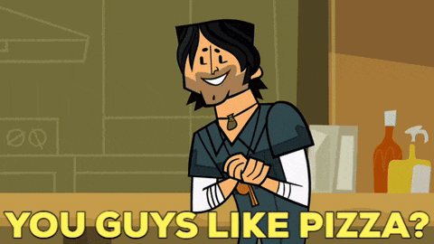 a cartoon of a man with the words " you guys like pizza " above him