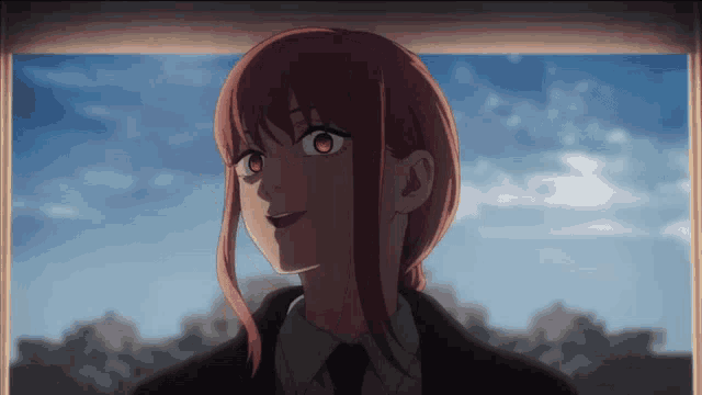 a girl with red hair and red eyes is looking out of a window