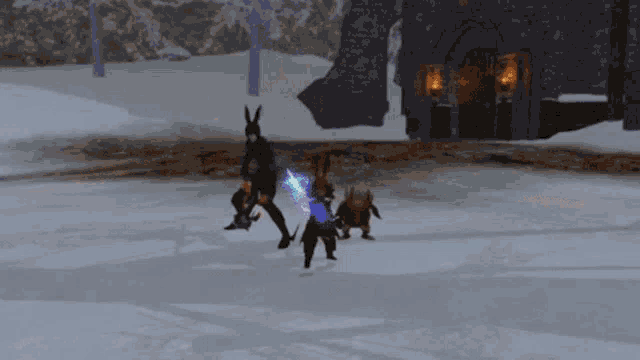 a video game character is holding a spear while a dog looks on
