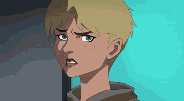 a cartoon character with blonde hair and blue eyes looks angry