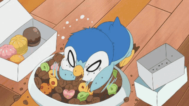 a cartoon penguin is eating cereal from a bowl on a wooden floor