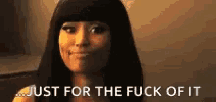 a woman with black hair and bangs is smiling and says `` just for the fuck of it '' .