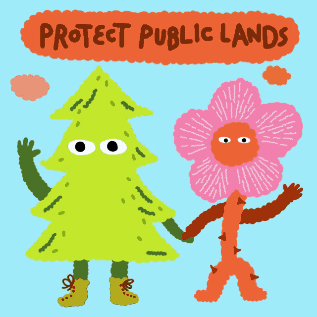 a cartoon of a tree and a flower with the words " protect public lands " above them