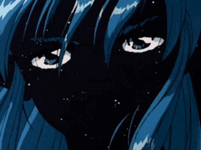 a close up of a person 's face with blue hair and black eyes