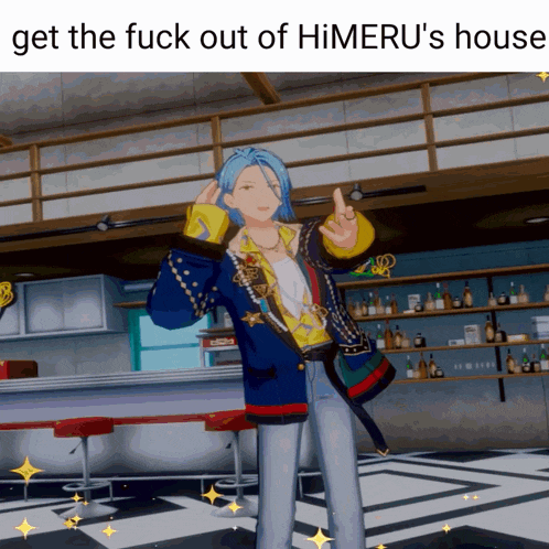 a cartoon character giving the middle finger with the words get the fuck out of himeru 's house