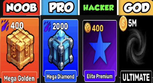 a screenshot of a game that says noob pro hacker god mega golden mega diamond elite premium and ultimate