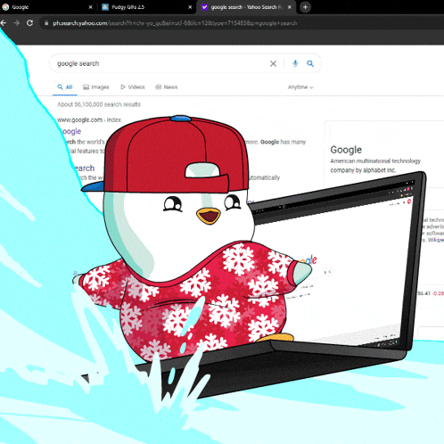 a penguin wearing a red hat and snowflake sweater is standing in front of a laptop