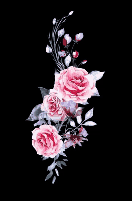 a bunch of pink roses and leaves on a black background