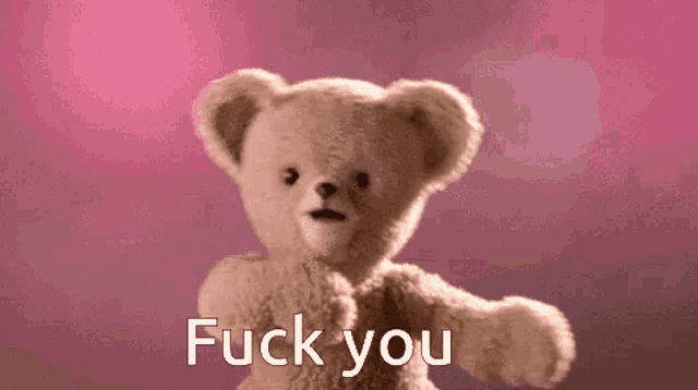 a teddy bear with the words " fuck you " on the bottom