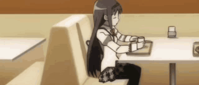 a black and white drawing of a girl sitting at a table in a diner .