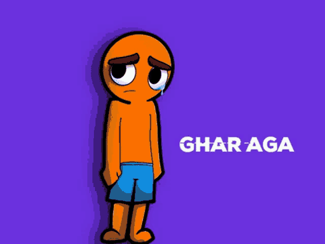 a cartoon character with a sad look on his face is standing in front of a purple background that says ghar aga