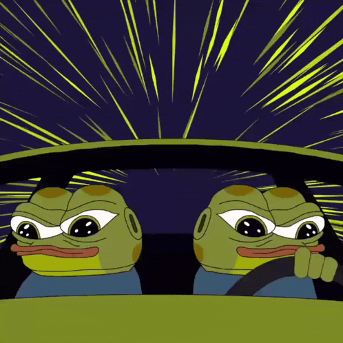 a cartoon of two frogs driving a car with a yellow background