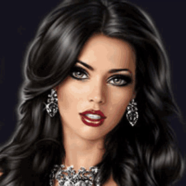 a woman with long black hair and green eyes wearing a necklace and earrings .