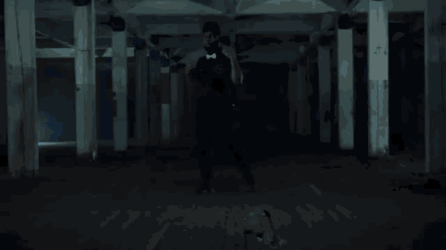 a man in a tuxedo and bow tie is standing in a dark room .