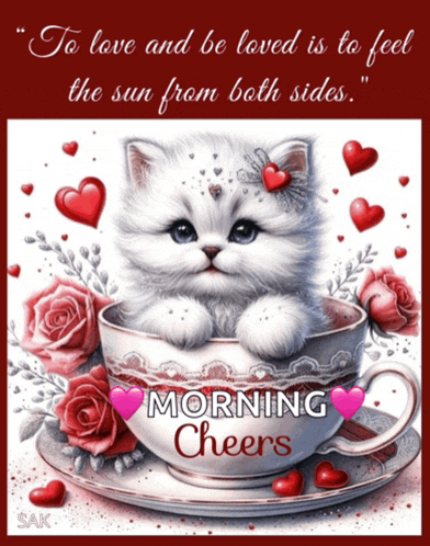 a picture of a kitten in a teacup with roses and hearts and the words morning cheers