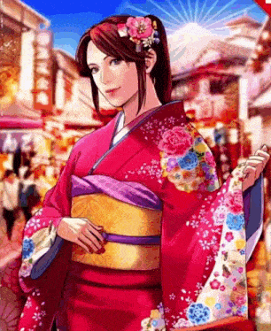 a woman in a red kimono is standing in front of a sign that says ' a ' on it