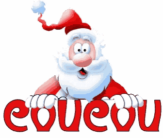 a cartoon of santa claus holding the word " coueou "