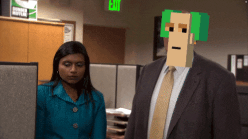 a man in a suit and tie is standing next to a woman in a blue suit