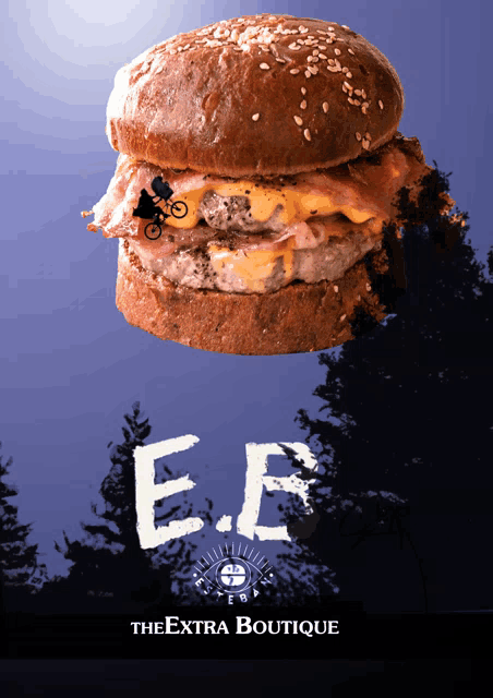 a poster for the extra boutique shows a hamburger with bacon and cheese