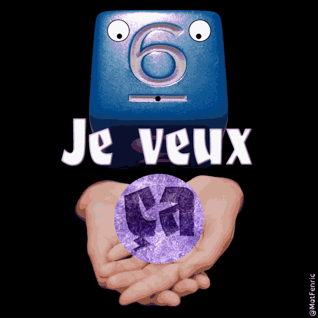 a person holding a purple m in front of a blue number 6