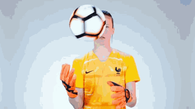 a soccer player wearing a yellow shirt and orange gloves holds a soccer ball in front of his head