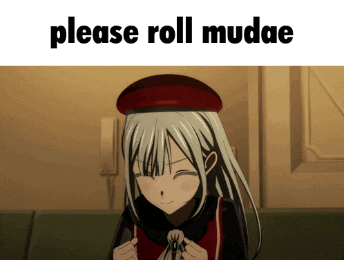 a picture of a girl with the words please roll mudae on the bottom
