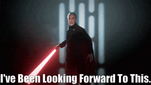 a poster of a man holding a red lightsaber with the words " i 've been looking forward to this " below him