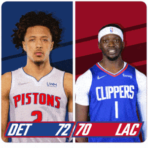 two basketball players from the pistons and the clippers are standing next to each other