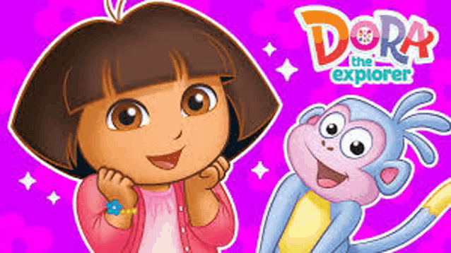 dora the explorer and booty the monkey are standing next to each other on a pink background .