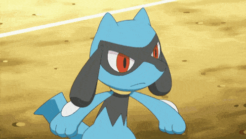 a blue and black pokemon with red eyes and a black mask